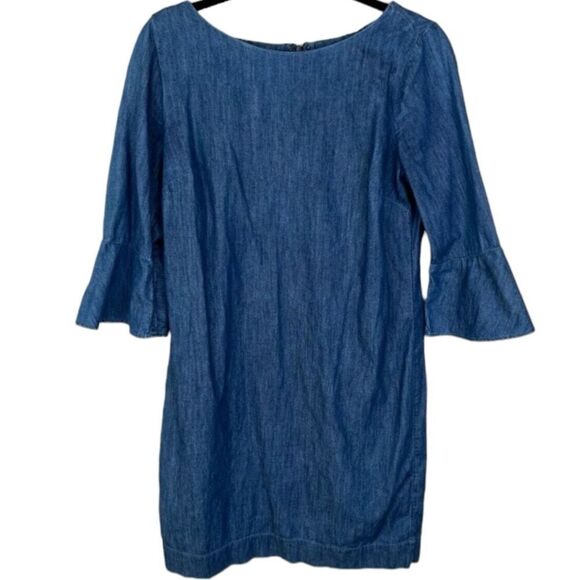 Talbots classic Womens Blue Denim Dress  18wP Back Zip Bell Sleeve Shift Cotton - Picture 2 of 9